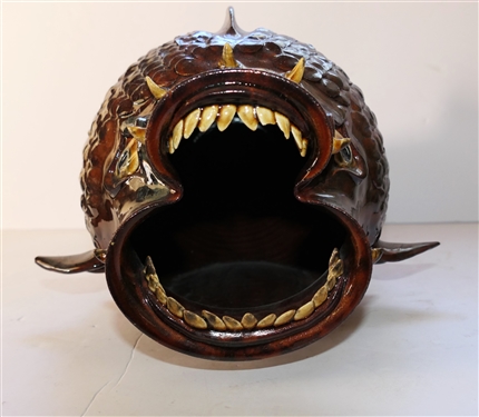 Roger Corn Georgia Folk Art Pottery Fish - Horny Head #19 - Dated 2003 - Gish Measures 6 tall 13 Mouth to Tail - Small Broken Area on Fin, 1 Broken Tooth,  and Small Glaze Flake Around Mouth 