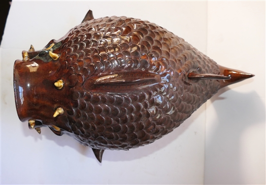 Roger Corn Georgia Folk Art Pottery Fish - Horny Head #19 - Dated 2003 - Gish Measures 6 tall 13 Mouth to Tail - Small Broken Area on Fin, 1 Broken Tooth,  and Small Glaze Flake Around Mouth 