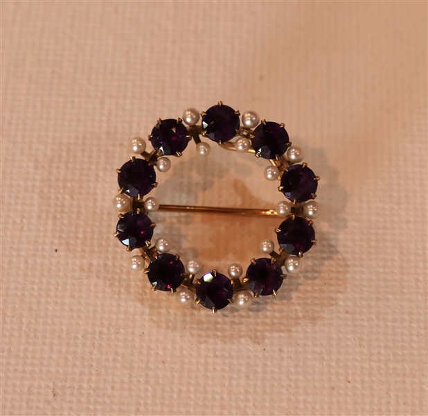 14kt Yellow Gold Amethyst and Pearl Circle Brooch - Brooch Measures 1" Across