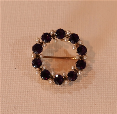 14kt Yellow Gold Amethyst and Pearl Circle Brooch - Brooch Measures 1 Across