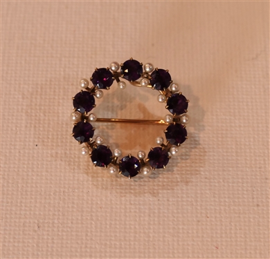 14kt Yellow Gold Amethyst and Pearl Circle Brooch - Brooch Measures 1 Across