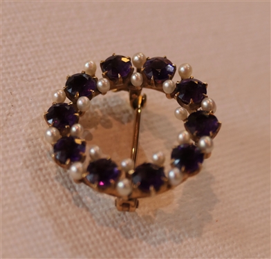 14kt Yellow Gold Amethyst and Pearl Circle Brooch - Brooch Measures 1 Across