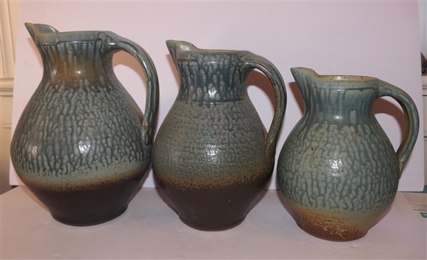3 Graduating Tucker Studio Art Pottery Pitchers - Signed by North Carolina  Artist Brad Tucker - Largest Pitchers Measure 12 10 1/2 and 9 Tall 