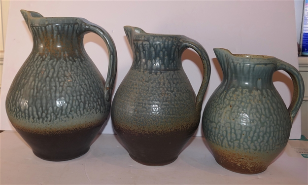 3 Graduating Tucker Studio Art Pottery Pitchers - Signed by North Carolina  Artist Brad Tucker - Largest Pitchers Measure 12 10 1/2 and 9 Tall 