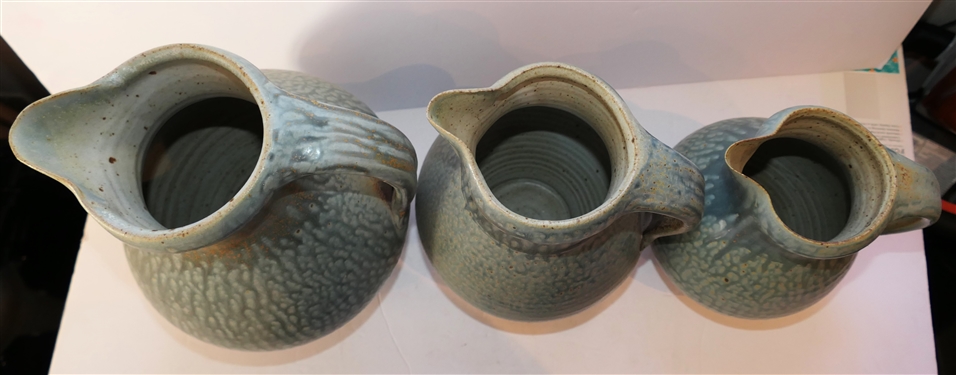 3 Graduating Tucker Studio Art Pottery Pitchers - Signed by North Carolina  Artist Brad Tucker - Largest Pitchers Measure 12 10 1/2 and 9 Tall 