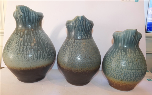 3 Graduating Tucker Studio Art Pottery Pitchers - Signed by North Carolina  Artist Brad Tucker - Largest Pitchers Measure 12 10 1/2 and 9 Tall 