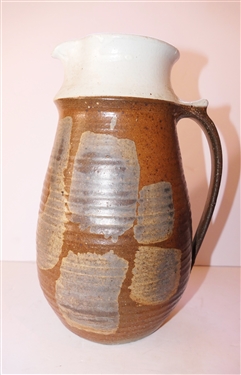 Artist Signed Studio Art Pottery Pitcher - Large Pitcher with Brown, White, and Tan Design - Pitcher Measures 12 tall 