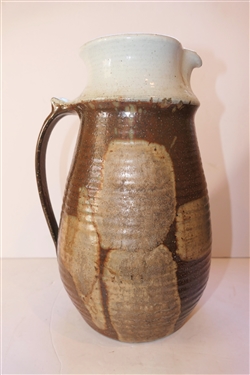 Artist Signed Studio Art Pottery Pitcher - Large Pitcher with Brown, White, and Tan Design - Pitcher Measures 12 tall 