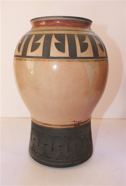 Studio Art Pottery Vase - Matte Black Decoration with Light Pink Body - Vase is Stamped Along Bottom Edge - Measures 11" tall - Small Hairline Near Top Edge