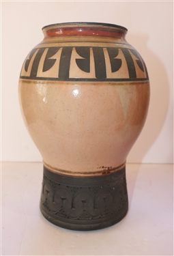 Studio Art Pottery Vase - Matte Black Decoration with Light Pink Body - Vase is Stamped Along Bottom Edge - Measures 11 tall - Small Hairline Near Top Edge