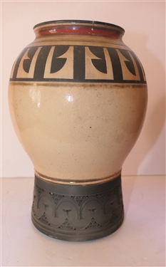 Studio Art Pottery Vase - Matte Black Decoration with Light Pink Body - Vase is Stamped Along Bottom Edge - Measures 11 tall - Small Hairline Near Top Edge