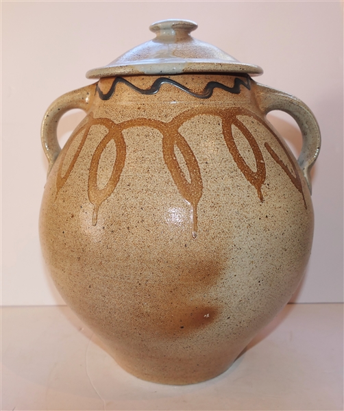 Large Mark Hewitt Double Handled Urn with Lid - Decorated with Loops and Wavy Lines - Pot Measures 14" tall With Lid - 12" Handle to Handle - Stamped on Bottom by North Carolina Potter Mark Hewitt