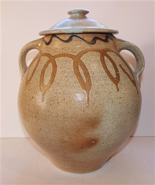 Large Mark Hewitt Double Handled Urn with Lid - Decorated with Loops and Wavy Lines - Pot Measures 14 tall With Lid - 12 Handle to Handle - Stamped on Bottom by North Carolina Potter Mark Hewitt