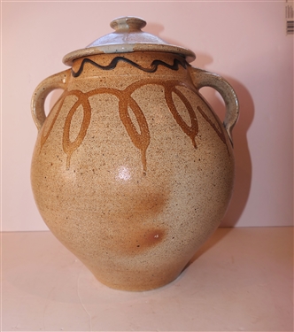 Large Mark Hewitt Double Handled Urn with Lid - Decorated with Loops and Wavy Lines - Pot Measures 14 tall With Lid - 12 Handle to Handle - Stamped on Bottom by North Carolina Potter Mark Hewitt
