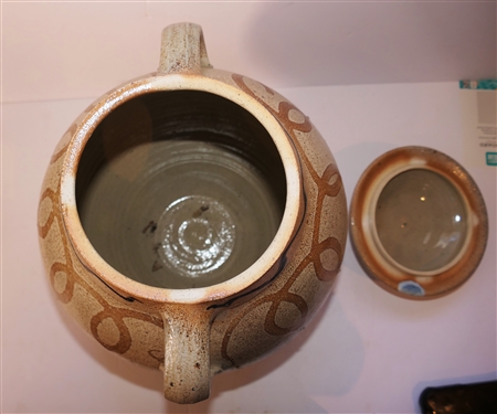 Large Mark Hewitt Double Handled Urn with Lid - Decorated with Loops and Wavy Lines - Pot Measures 14 tall With Lid - 12 Handle to Handle - Stamped on Bottom by North Carolina Potter Mark Hewitt