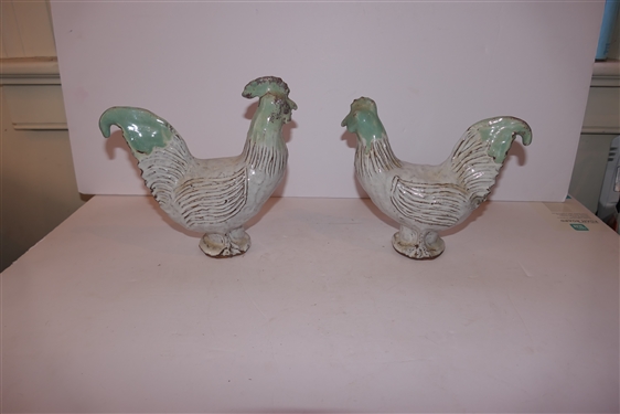 Charles Moore Jugtown - Seagrove North Carolina Art Pottery Hen and Rooster - Both Dated 1996 - Rooster Measures 8 1/2 tall 8 1/2 Beak to Tail 
