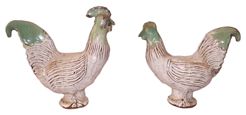 Charles Moore Jugtown - Seagrove North Carolina Art Pottery Hen and Rooster - Both Dated 1996 - Rooster Measures 8 1/2 tall 8 1/2 Beak to Tail 