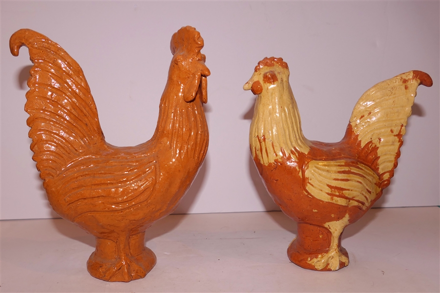 Pair of Charles Moore Jugtown, Seagrove North Carolina Art Pottery Orange Chickens - Hen and Rooster - Signed Charles Moore and Dated 1996 - Rooster Measures 9" tall 7" Beak to Tail 