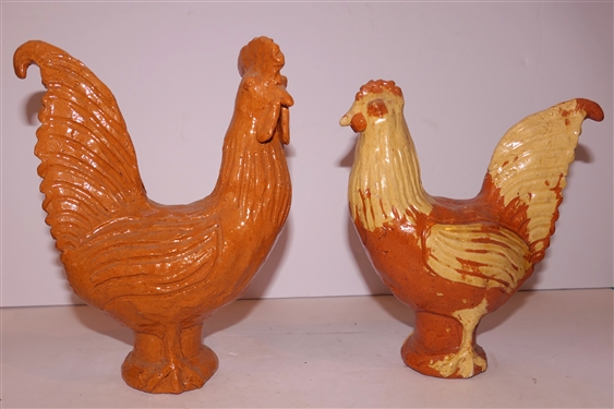 Pair of Charles Moore Jugtown, Seagrove North Carolina Art Pottery Orange Chickens - Hen and Rooster - Signed Charles Moore and Dated 1996 - Rooster Measures 9 tall 7 Beak to Tail 
