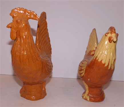 Pair of Charles Moore Jugtown, Seagrove North Carolina Art Pottery Orange Chickens - Hen and Rooster - Signed Charles Moore and Dated 1996 - Rooster Measures 9 tall 7 Beak to Tail 