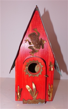 Very Cool Handmade Folk Art Bird House with Copper Roof - Copper Frog and Flower Decoration - Bird Houser Measures 13 1/2 Tall 7 1/2 by 9 1/2 