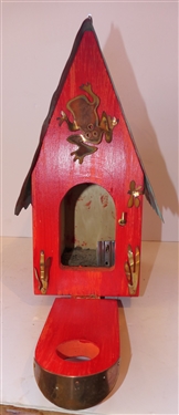 Very Cool Handmade Folk Art Bird House with Copper Roof - Copper Frog and Flower Decoration - Bird Houser Measures 13 1/2 Tall 7 1/2 by 9 1/2 