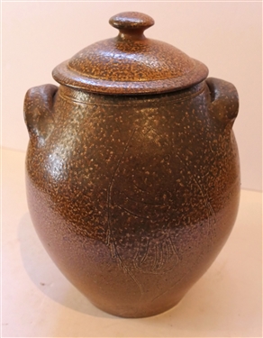 Mark Hewitt North Carolina Potter Urn with Lid - Incised Fish Decoration - Double Handled Jar with Lid - Marked WMH J - Jar Measures 9 tall 