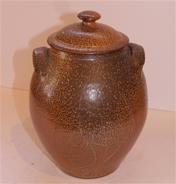 Mark Hewitt North Carolina Potter Urn with Lid - Incised Fish Decoration - Double Handled Jar with Lid - Marked WMH J - Jar Measures 9 tall 