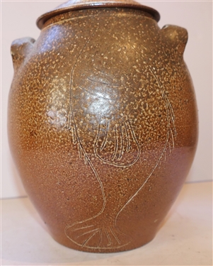 Mark Hewitt North Carolina Potter Urn with Lid - Incised Fish Decoration - Double Handled Jar with Lid - Marked WMH J - Jar Measures 9 tall 