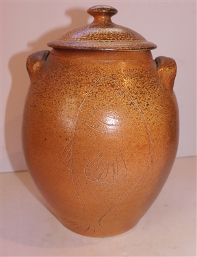 Mark Hewitt North Carolina Potter Urn with Lid - Incised Fish Decoration - Double Handled Jar with Lid - Marked WMH J - Jar Measures 9 tall 