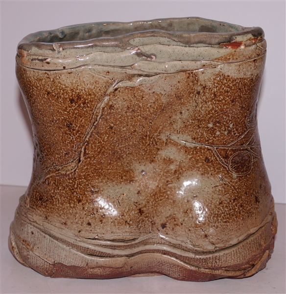 North Carolina Art Pottery - Torso Form Vessel - Incised Decoration - Vessel Measures 9" tall 8" by 9" - Vessel Has Some Hairline Cracks