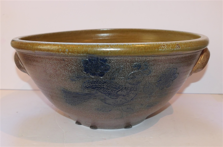 Very Large Seagrove North Carolina Pottery Bowl by Potter Al McCandles for Dover Pottery - Bowl with Blue Decoration - Incised Bird and Flowers - Bowl Measures 7" Deep - 16 1/2" Across