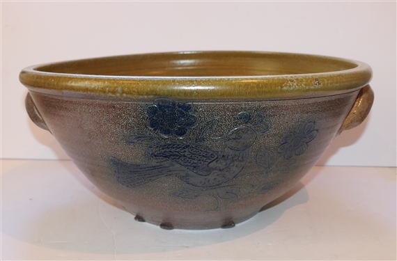 Very Large Seagrove North Carolina Pottery Bowl by Potter Al McCandles for Dover Pottery - Bowl with Blue Decoration - Incised Bird and Flowers - Bowl Measures 7 Deep - 16 1/2 Across