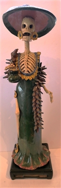 Antonio Peres Mexican Art Pottery Skeleton Sculpture -Lady Skeleton Wearing a Fancy Dress and Hat - Skeleton Measures  23 Tall 