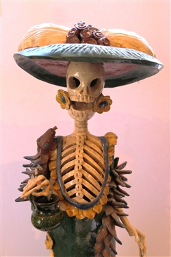 Antonio Peres Mexican Art Pottery Skeleton Sculpture -Lady Skeleton Wearing a Fancy Dress and Hat - Skeleton Measures  23 Tall 