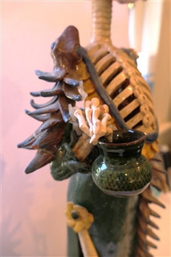 Antonio Peres Mexican Art Pottery Skeleton Sculpture -Lady Skeleton Wearing a Fancy Dress and Hat - Skeleton Measures  23 Tall 