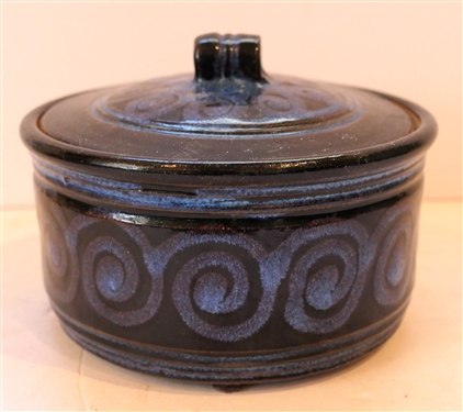Redman Pottery Dish with Lid - Blue Decoration  -Dish Measures 3 Tall 6 Across
