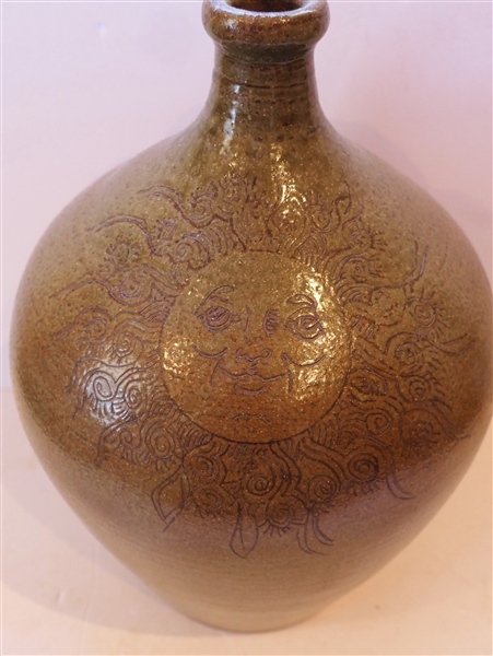 Nice Studio Art Pottery Jug with Incised Sun - Signed by Artist Mahan - Jug Measures 14" Tall 