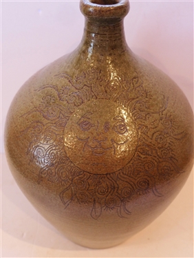 Nice Studio Art Pottery Jug with Incised Sun - Signed by Artist Mahan - Jug Measures 14 Tall 