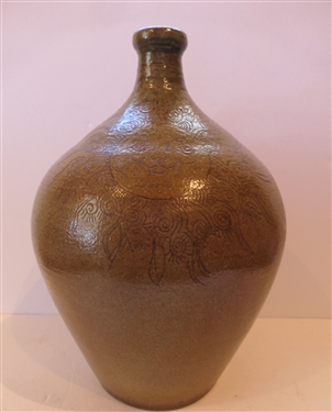 Nice Studio Art Pottery Jug with Incised Sun - Signed by Artist Mahan - Jug Measures 14 Tall 