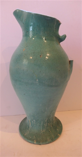 North State Pottery Blue Rebecca Pitcher - Handle is Missing -Pitcher Measures 14" Tall - Top Edge Has Been Repaired 