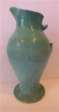 North State Pottery Blue Rebecca Pitcher - Handle is Missing -Pitcher Measures 14 Tall - Top Edge Has Been Repaired 