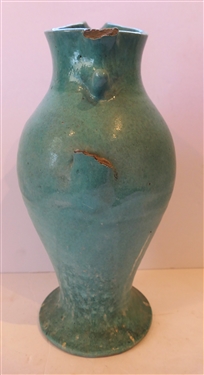 North State Pottery Blue Rebecca Pitcher - Handle is Missing -Pitcher Measures 14 Tall - Top Edge Has Been Repaired 