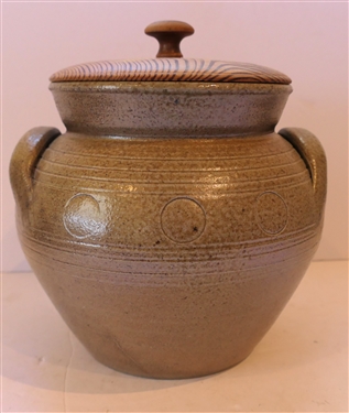 D.S. Stempfle North Carolina Pottery Crock with Wood Lid - Incised Rings and Circles - Crock Measures 8 Tall 8 Across