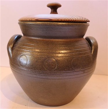 D.S. Stempfle North Carolina Pottery Crock with Wood Lid - Incised Rings and Circles - Crock Measures 8 Tall 8 Across