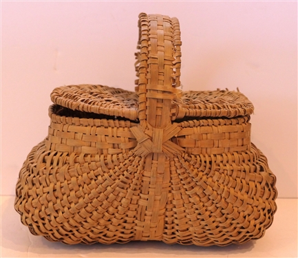 Handmade Oak Splint Basket with Lid - Handmade For Peter Murphy - Hendersonville, NC - Some Fraying To Handle and Edges -See Photos - Basket Measures 6 tall 9 by 6 - Not Including Handle