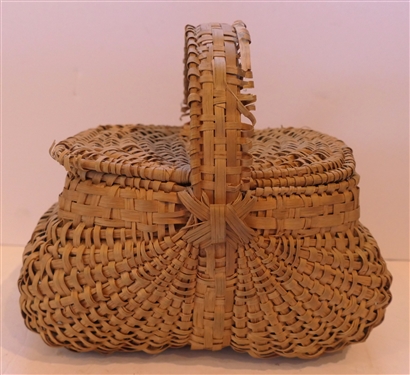 Handmade Oak Splint Basket with Lid - Handmade For Peter Murphy - Hendersonville, NC - Some Fraying To Handle and Edges -See Photos - Basket Measures 6 tall 9 by 6 - Not Including Handle