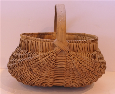 Handmade Oak Splint Egg / Buttocks Basket - Handmade For Peter Murphy - Hendersonville, NC Original Paper Tag - Basket Measures 6 tall 11 by 9 Not Including Handle
