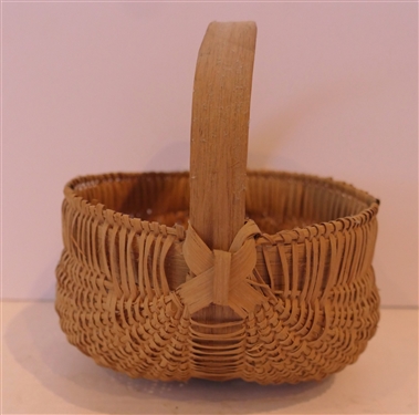 Handmade Oak Splint Egg Basket - Finely Woven - Mary Prater Cocke City Tennessee - Basket Maker - With Picture of Maker and Basket - Basket Measures 3 1/2 Deep 6 by 5 1/2 - Not Including Handle 