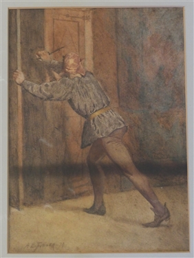 Theatrical Character 1874 Watercolor Painting by English Artist Arthur Fisher -Artist Signed and Dated - Framed and Matted - Frame Measures 15 by 11 1/2 